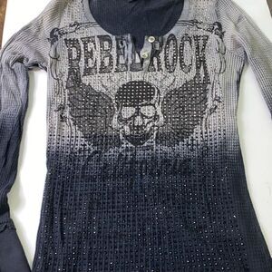 Voice of California Y2K skull blinged out ombre waffle knit shirt top M